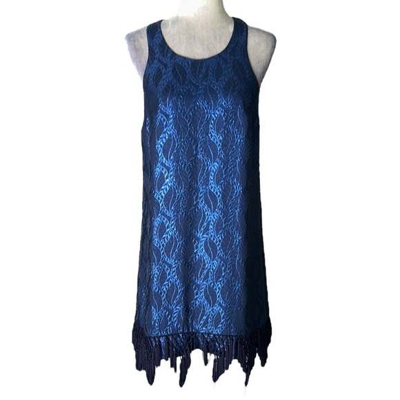 Lilly Pulitzer Marquette Silk Metallic Blue Leaf Jacquard Fringe Shift Dress - S - Picture 13 of 16